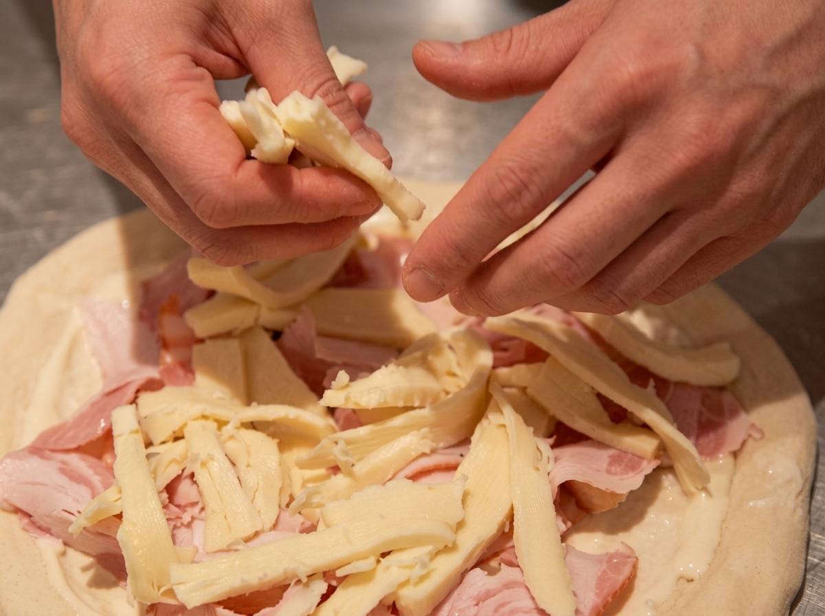 Käsestreifen werden über die Speck- und Kartoffelschicht auf der Pizza gestreut.