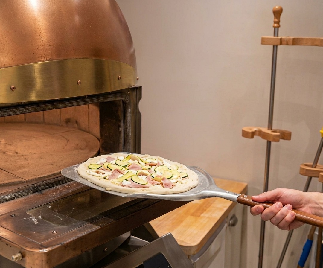 Eine belegte Pizza wird mit einem Metallschieber in einen heißen Steinofen geschoben.