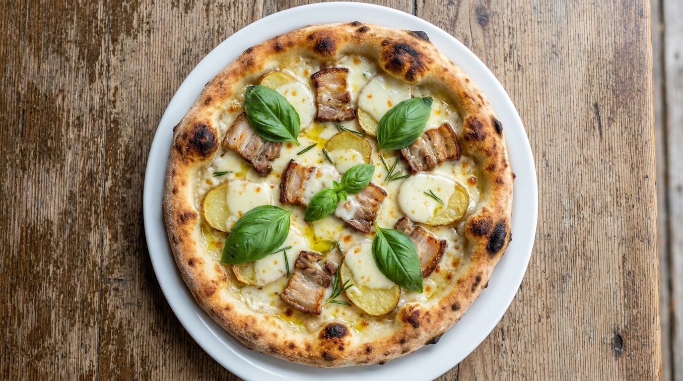 Eine frisch gebackene Kartoffel-Speck-Pizza, garniert mit frischen Basilikumblättern.