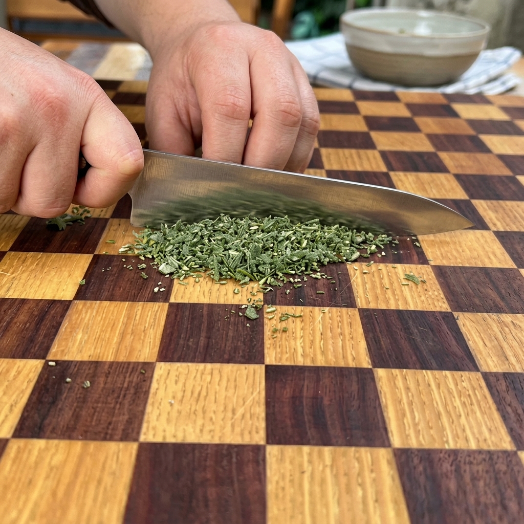 Frische grüne Kräuter werden auf einem Holzbrett fein gehackt.