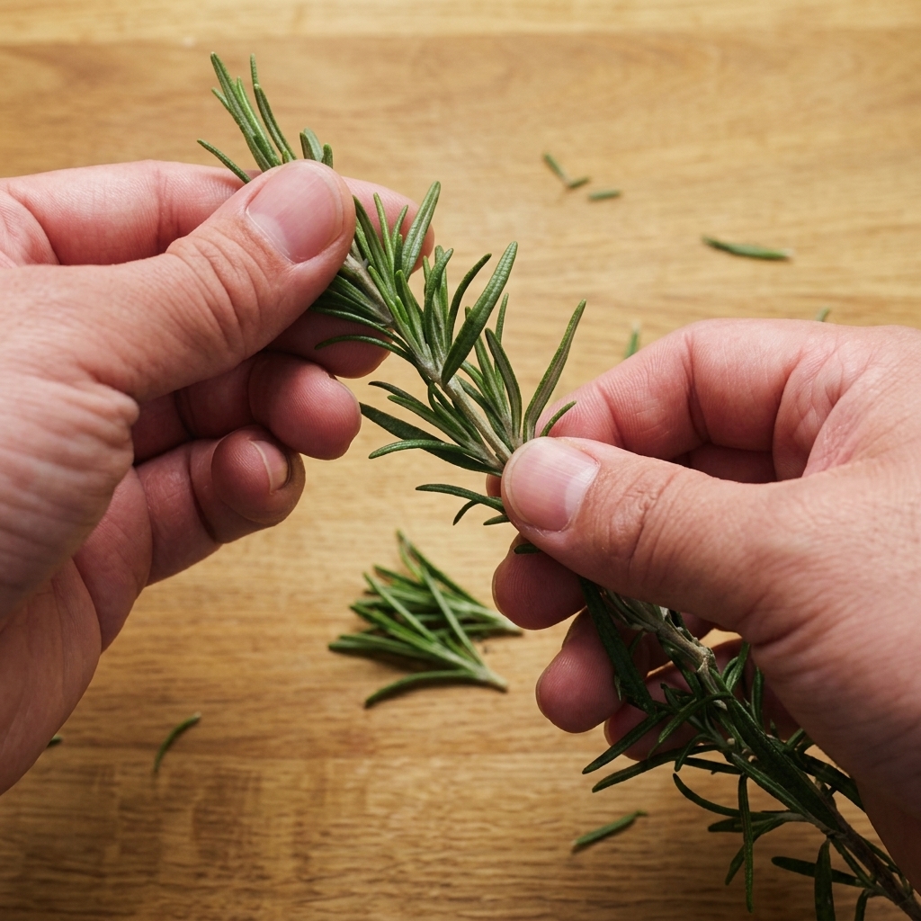 Frische Rosmarinzweige, von denen die Nadeln mit der Hand abgestreift werden.