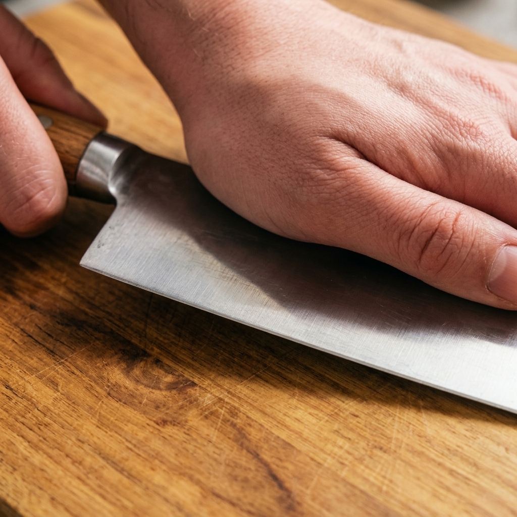 Knoblauchzehen werden mit der flachen Seite eines Messers auf einem Holzbrett zerdrückt.