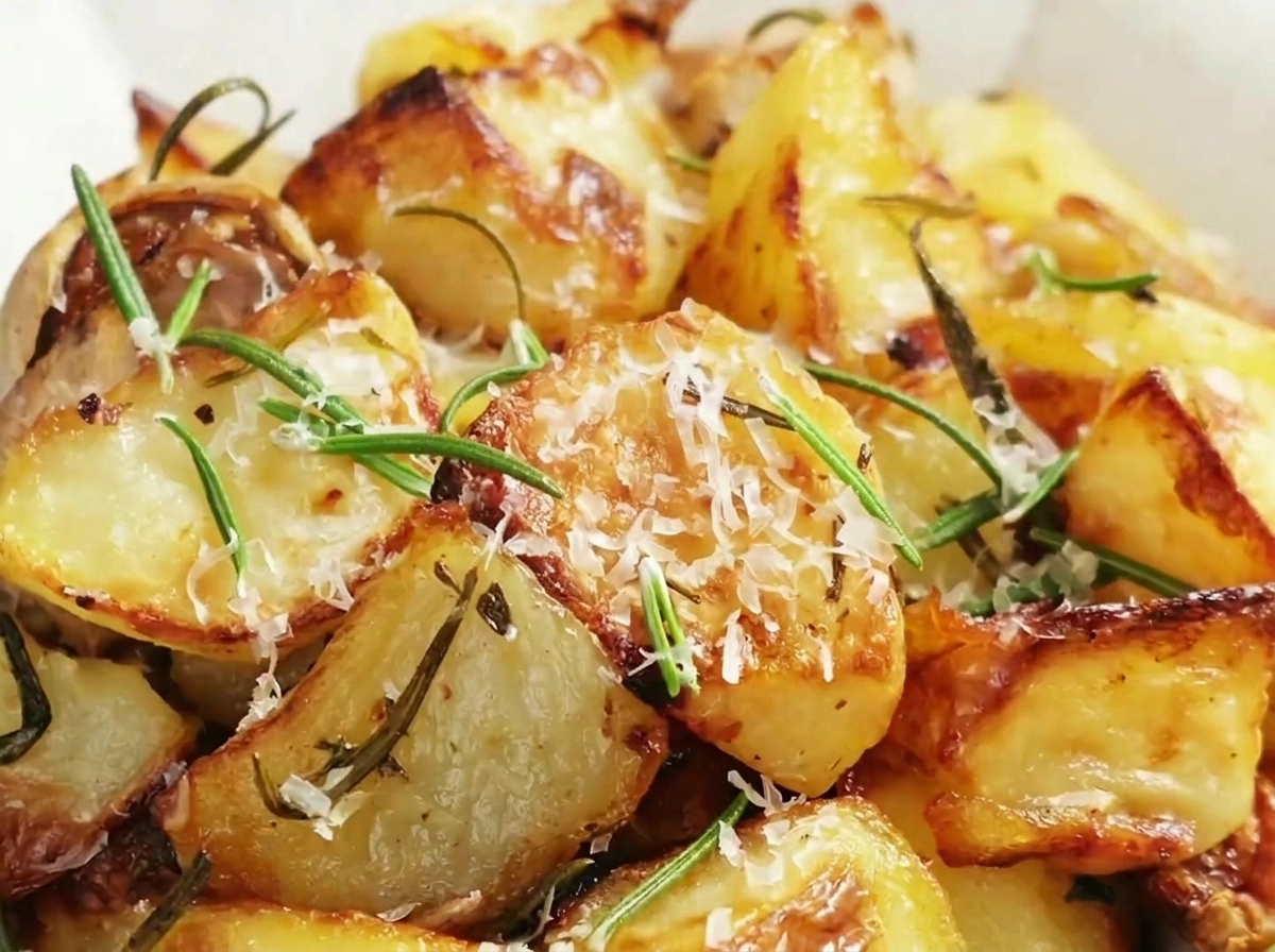 Kartoffelstücke werden auf ein mit heißem Öl vorgeheiztes Backblech gegeben.