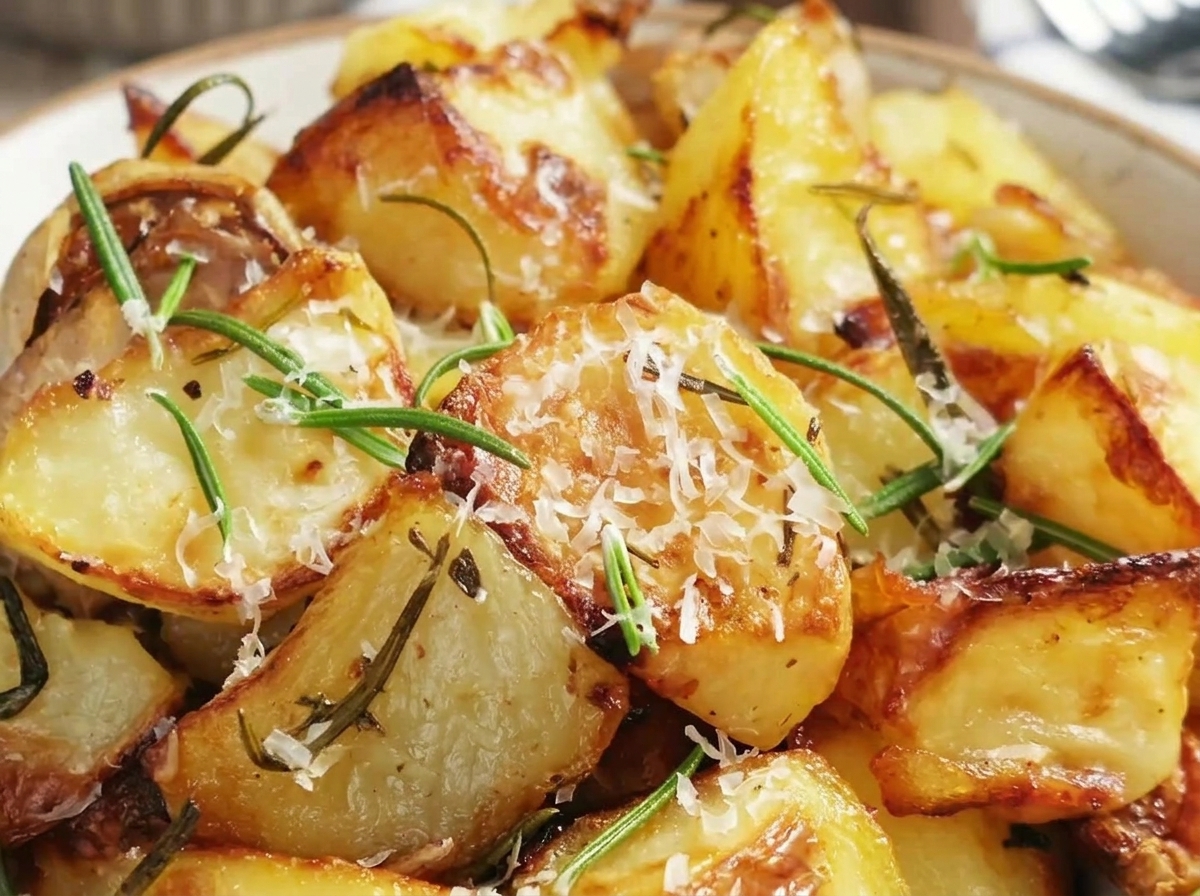 Salz und schwarzer Pfeffer werden über die Kartoffeln auf dem Backblech gestreut.