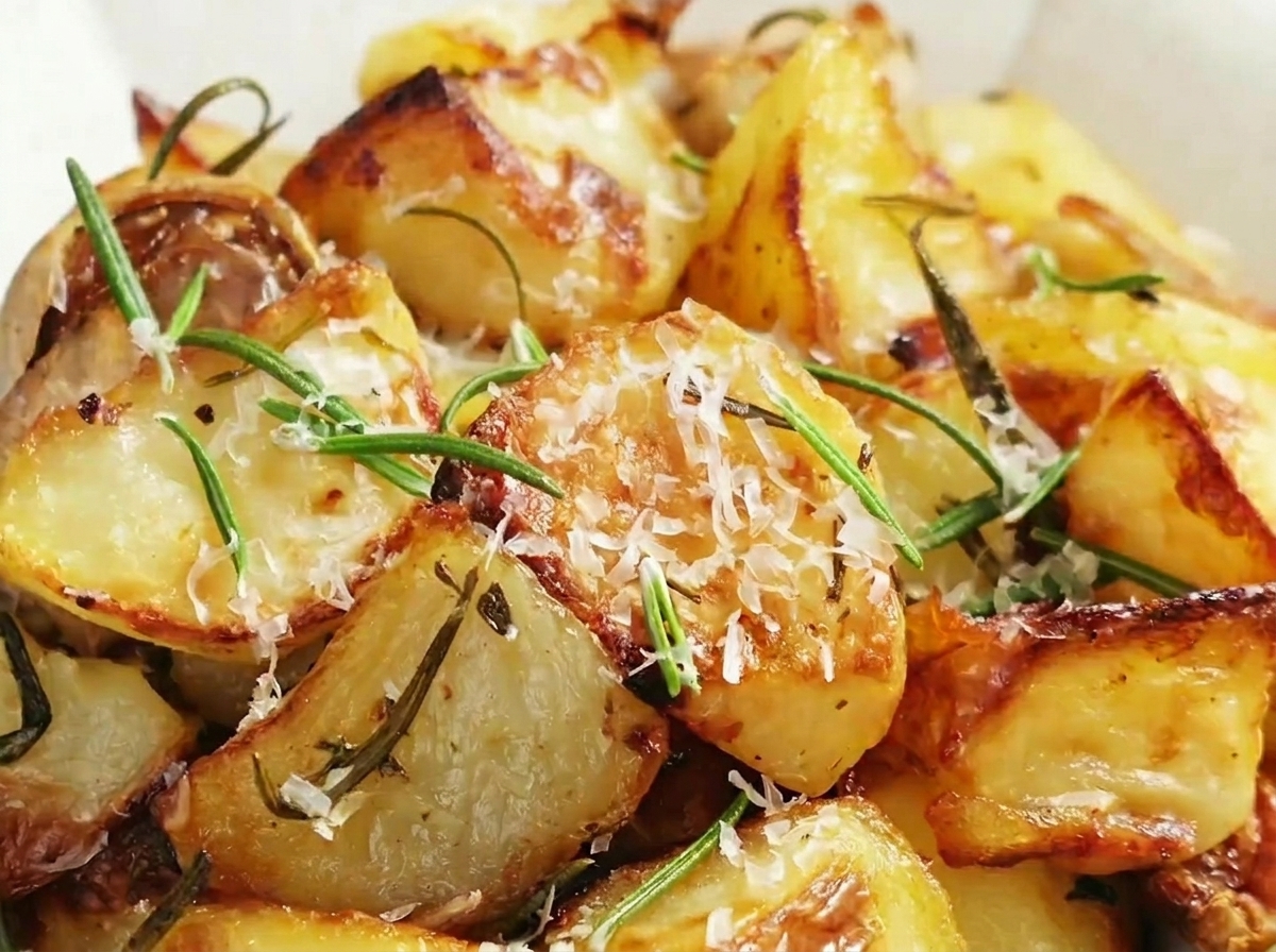 Geröstete Kartoffeln werden mit einem Holzlöffel auf dem Blech gewendet.