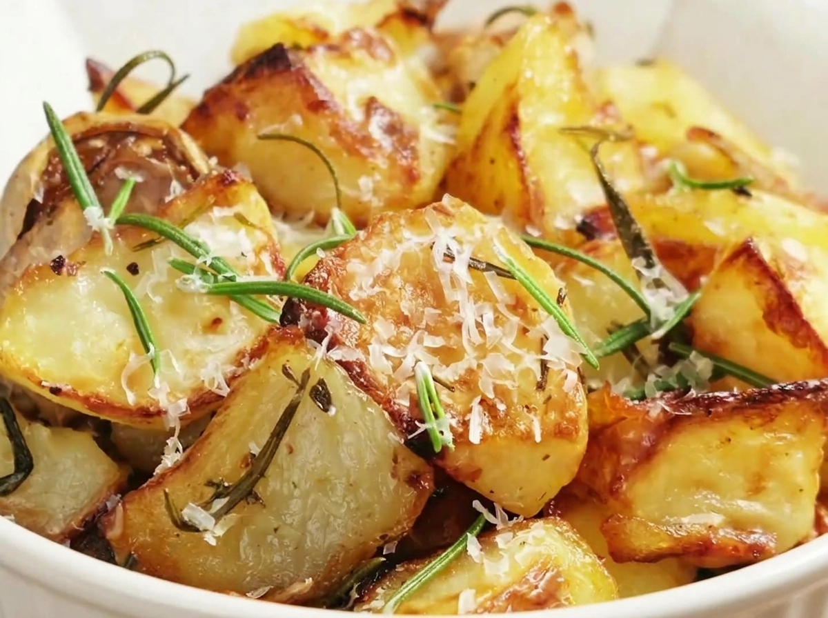 Goldbraune Ofenkartoffeln werden vorsichtig vom Backblech gelöst.