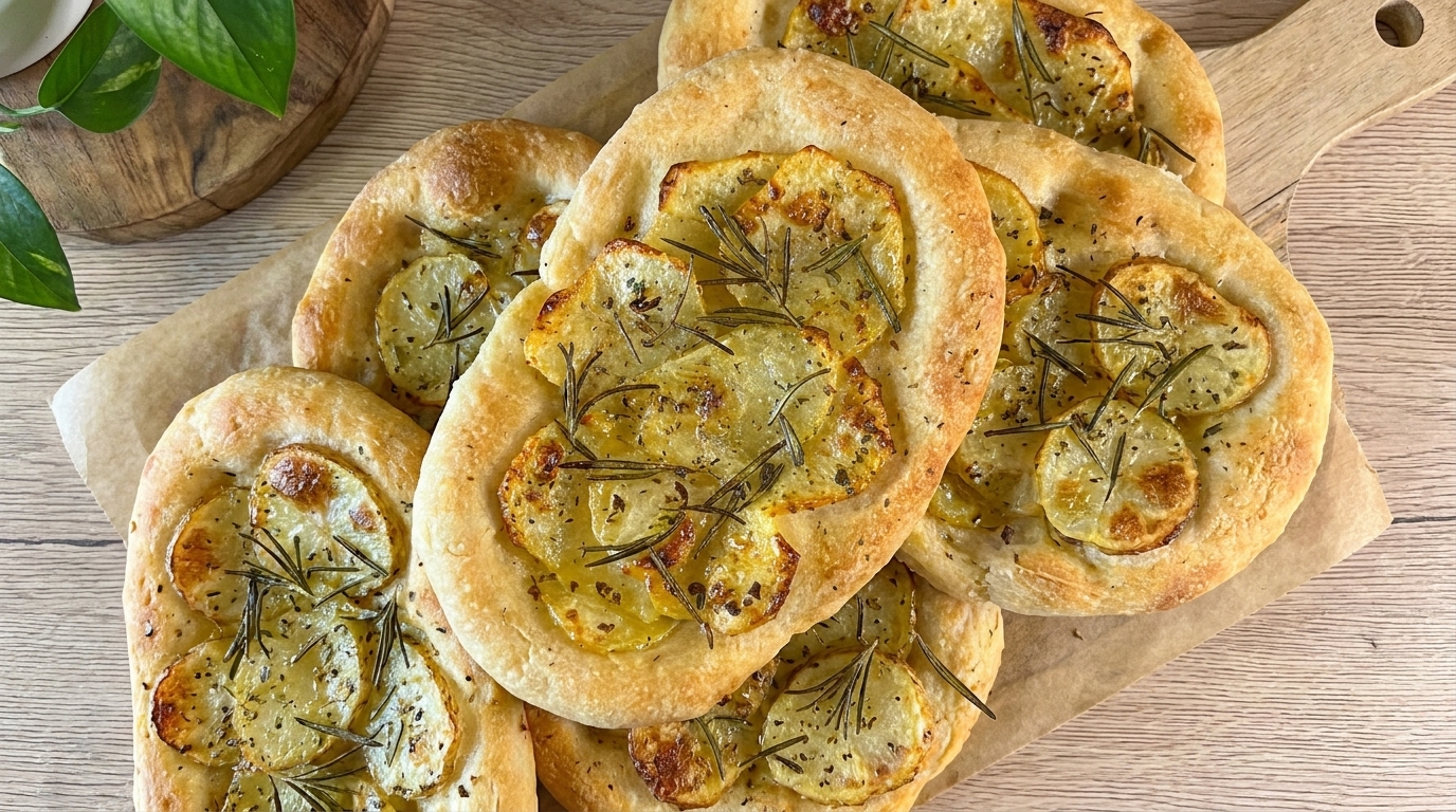 Eine Portion frisch gebackene, goldbraune Kartoffel-Focaccia, garniert mit aromatischem Rosmarin.