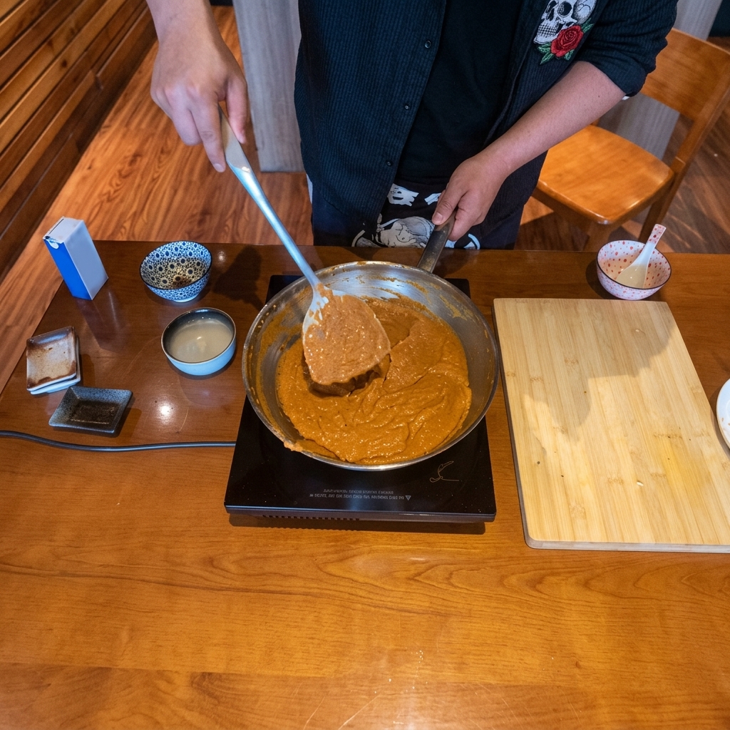Nahaufnahme einer würzigen Miso-Paste, die in einer Edelstahlpfanne verrührt wird.