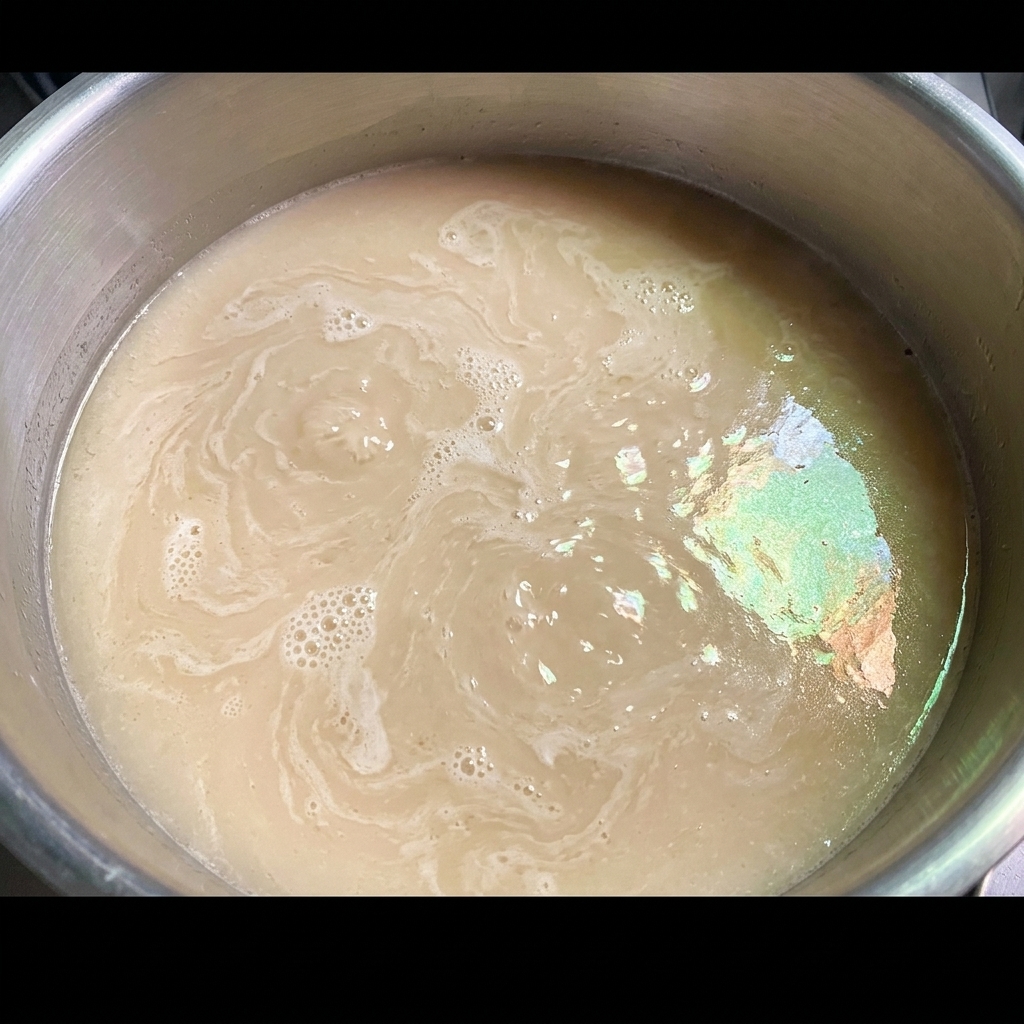 Tonkotsu-Brühe wird in eine Pfanne mit Miso-Paste gegossen, wodurch eine cremige Mischung entsteht.