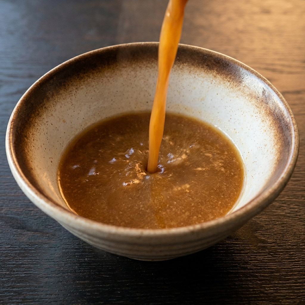 Heiße Miso-Brühe wird über eine Schüssel mit frisch gekochten Ramen-Nudeln gegossen.