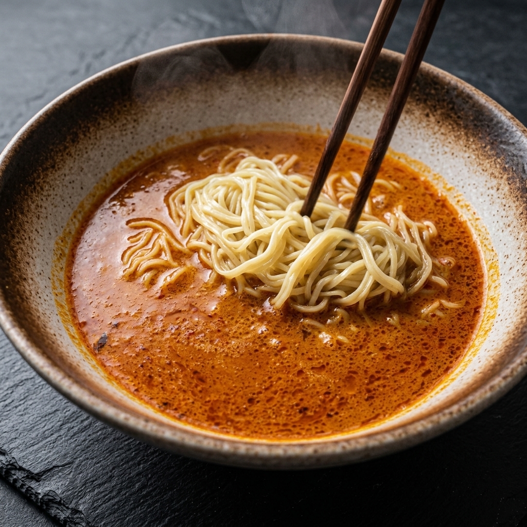 Chiliöl wird in eine Schüssel mit Ramen geträufelt, bereit zum Unterrühren mit Stäbchen.