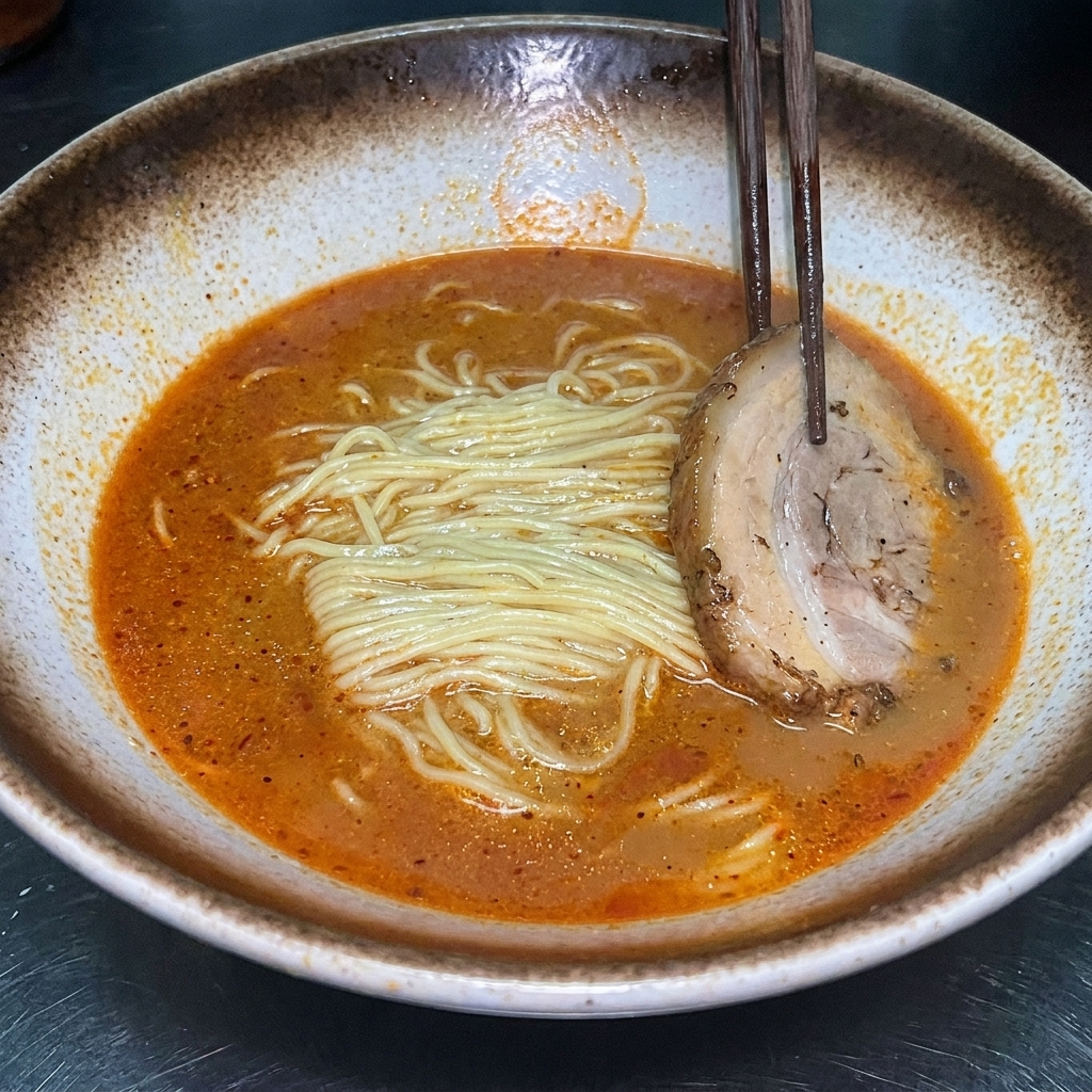 Eine fertig angerichtete Schüssel Miso-Ramen, belegt mit Chashu-Scheiben, Eihälften und Mais.
