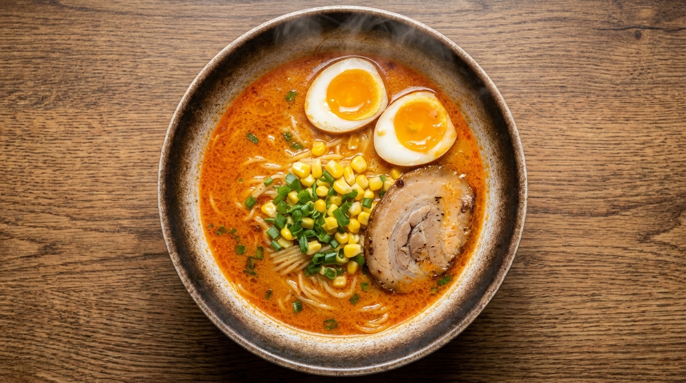 Eine Schüssel Sapporo-Miso-Ramen mit gehaltvoller, cremiger Brühe, garniert mit Chashu-Schweinefleisch, weich gekochtem Ei, Mais und Frühlingszwiebeln.