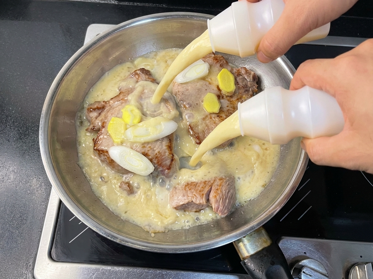 Zwei Flaschen Yakult werden über das angebratene Fleisch mit Ingwer und Frühlingszwiebeln gegossen.