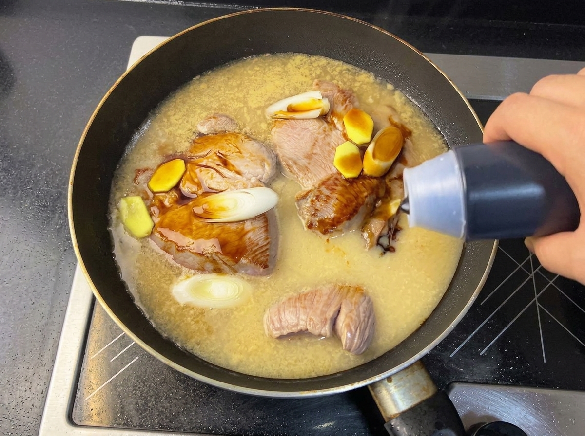 Sojasauce wird in die Pfanne mit Fleisch, Yakult, Ingwer und Frühlingszwiebeln gegeben.