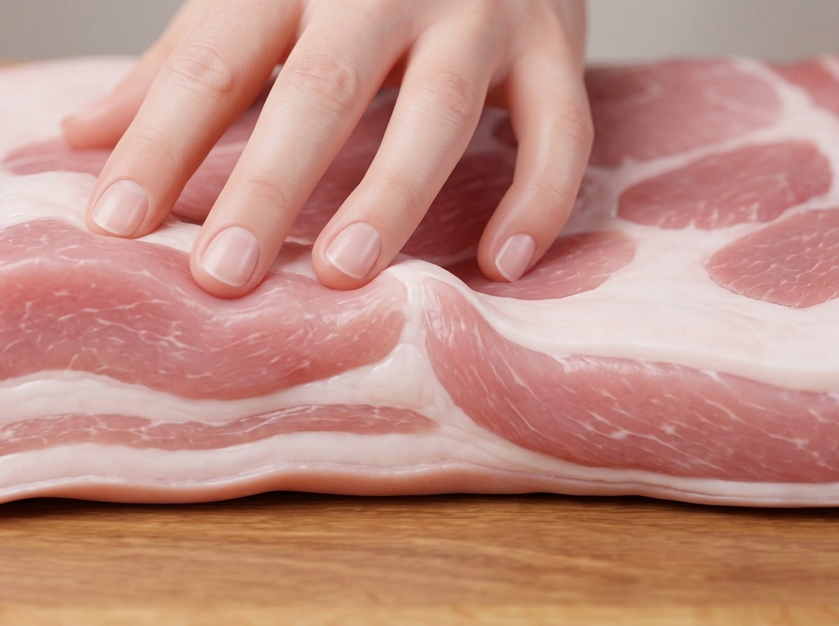 Ein Messer schneidet ein Rautenmuster in die Hautseite des Schweinebauchs.