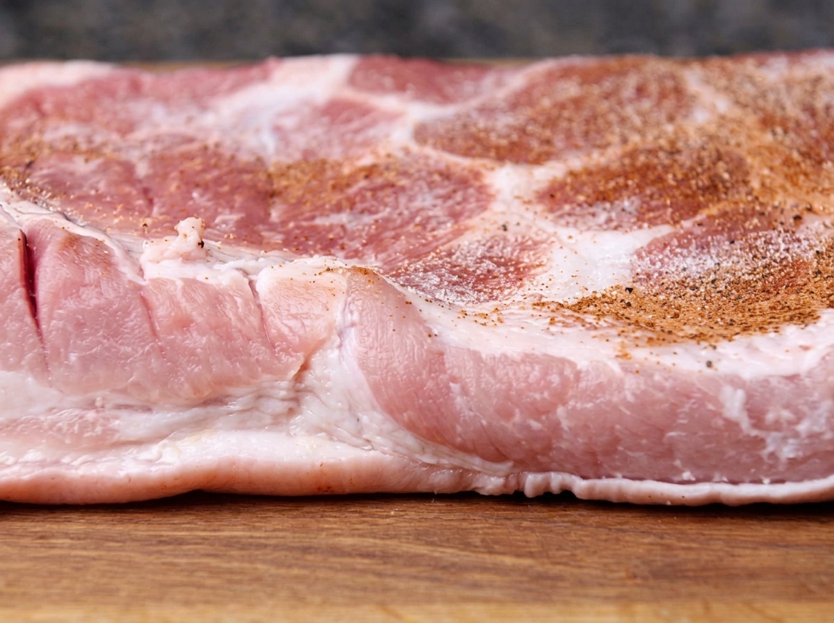 Roher Schweinebauch wird großzügig mit Salz und grobem schwarzem Pfeffer bestreut.