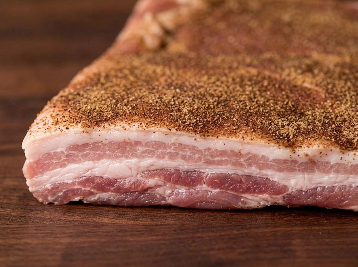 Der gewürzte Schweinebauch wird zu einer festen Rolle geformt.