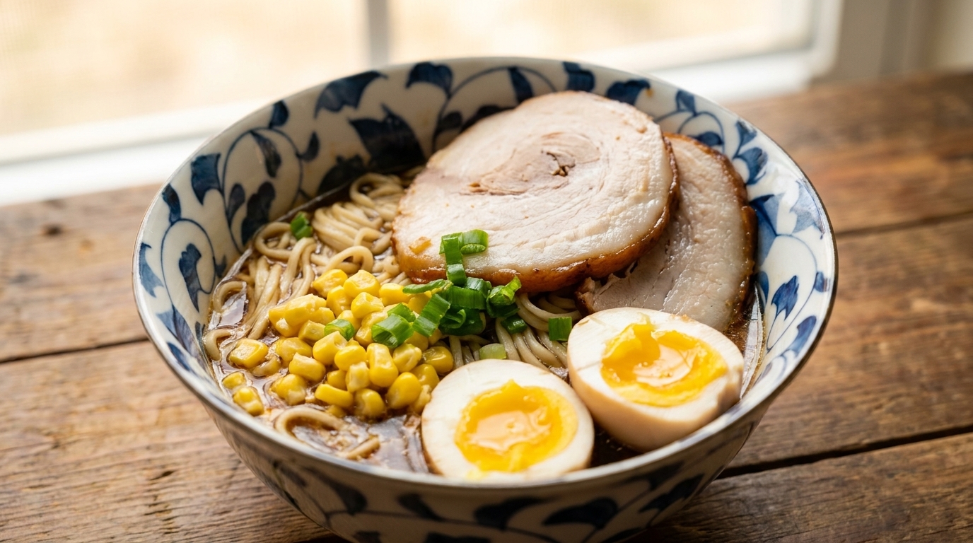 Hausgemachte Shoyu Ramen mit Chashu-Schweinebauch