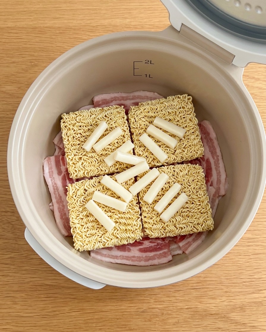 Frisch geschnittene Zwiebelspalten, die auf die Nudeln im Topf gelegt werden.