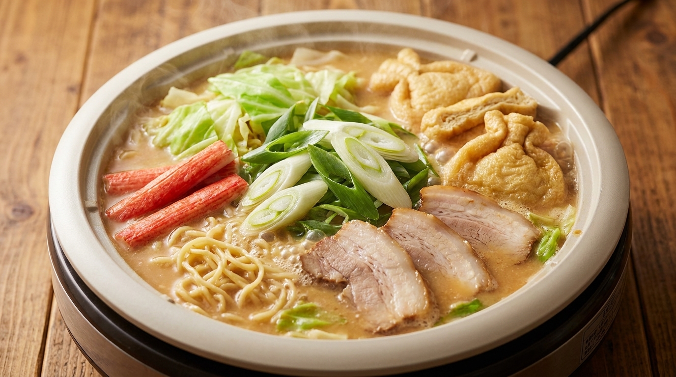Ein dampfender Topf mit Miso Ramen, garniert mit zartem Schweinebauch, Kohl, Fischstäbchen, gebratenem Tofu und Nudeln in einer kräftigen Miso-Brühe.