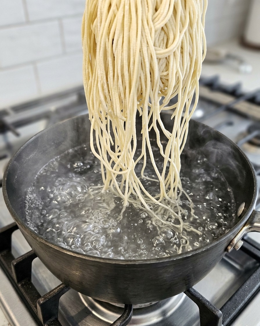 Ramen-Nudeln kochen in einem Topf mit Wasser.