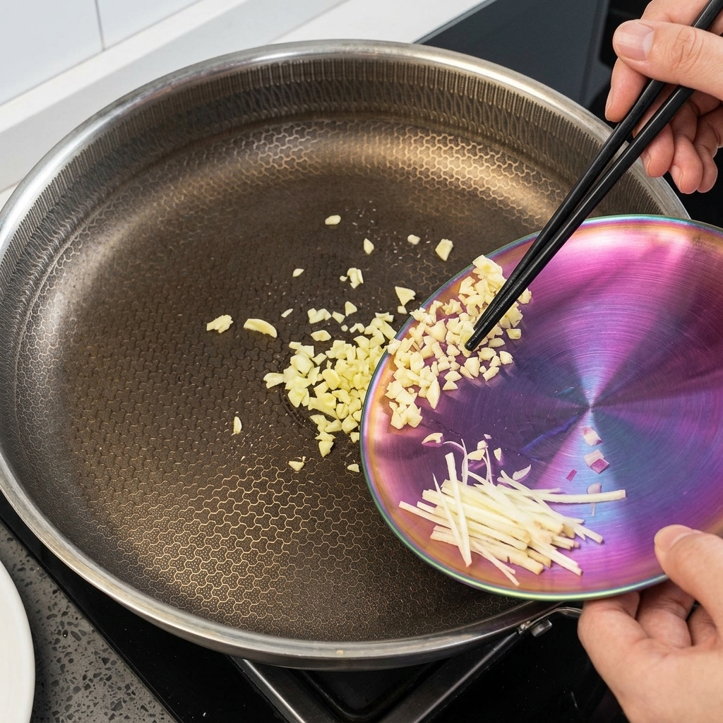 Aromen werden in einer Pfanne angebraten.