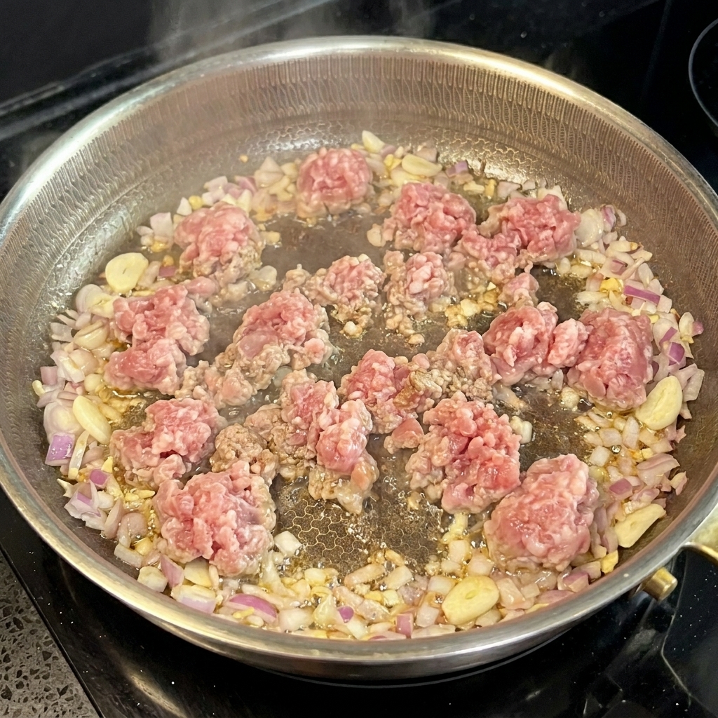 Hackfleisch bräunt in einer Pfanne mit Aromen.
