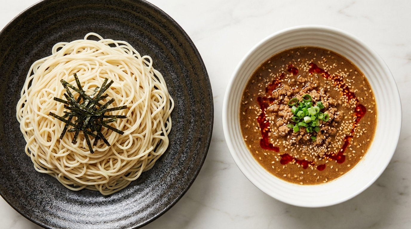 Eine Schüssel Miso-Sojamilch-Dan-Dan-Dip serviert mit Ramen-Nudeln und Nori-Streifen.
