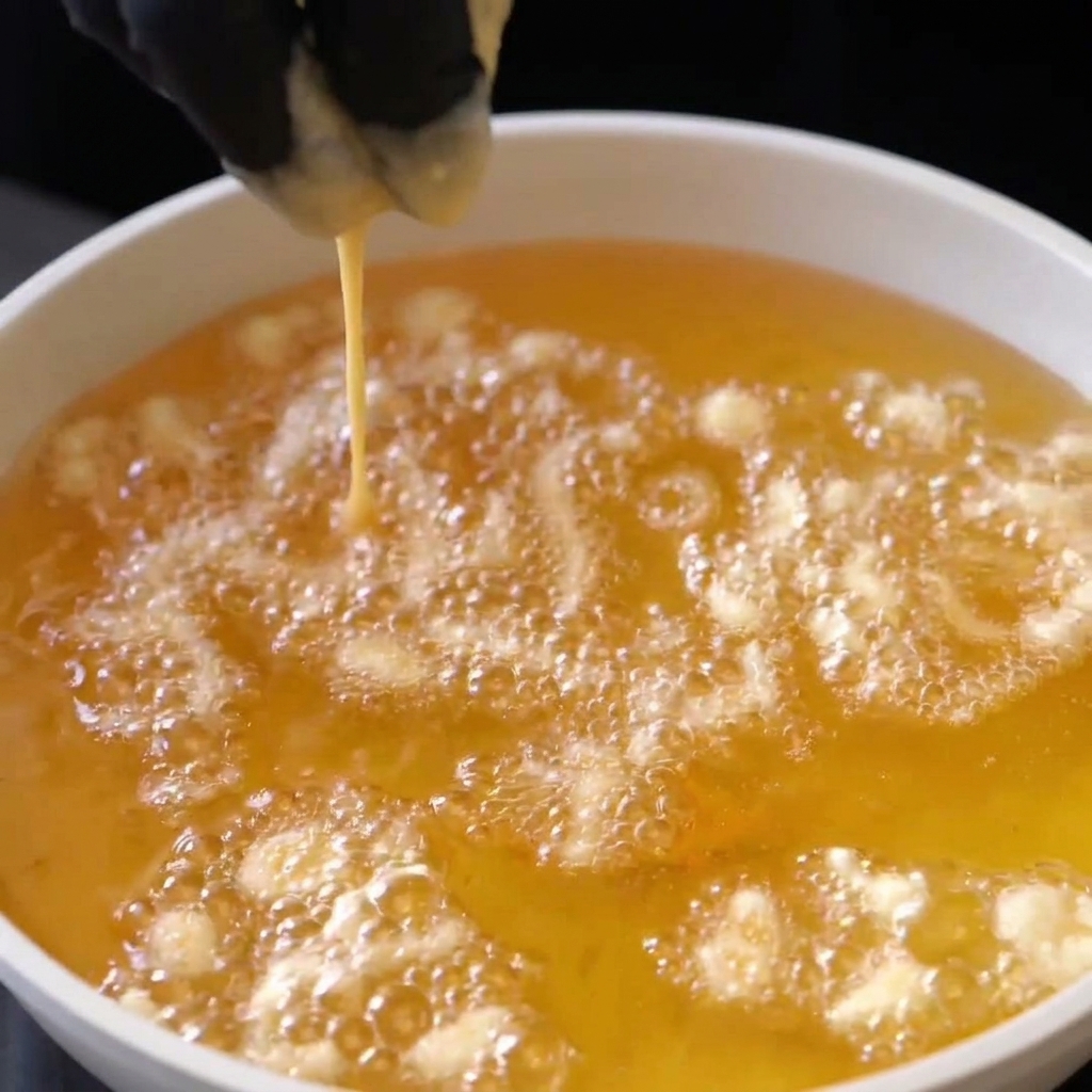 Kleine Teigtropfen frittieren in heißem Öl und bilden knusprige goldene Teilchen.