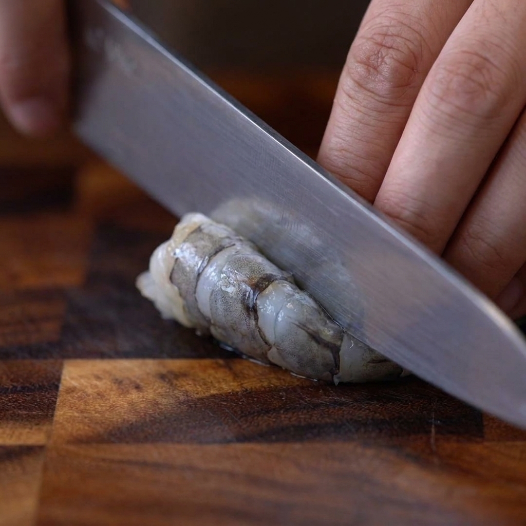Eine Hand schneidet mit einem Messer kleine, präzise Schnitte in die Unterseite einer rohen, geschälten Garnele.