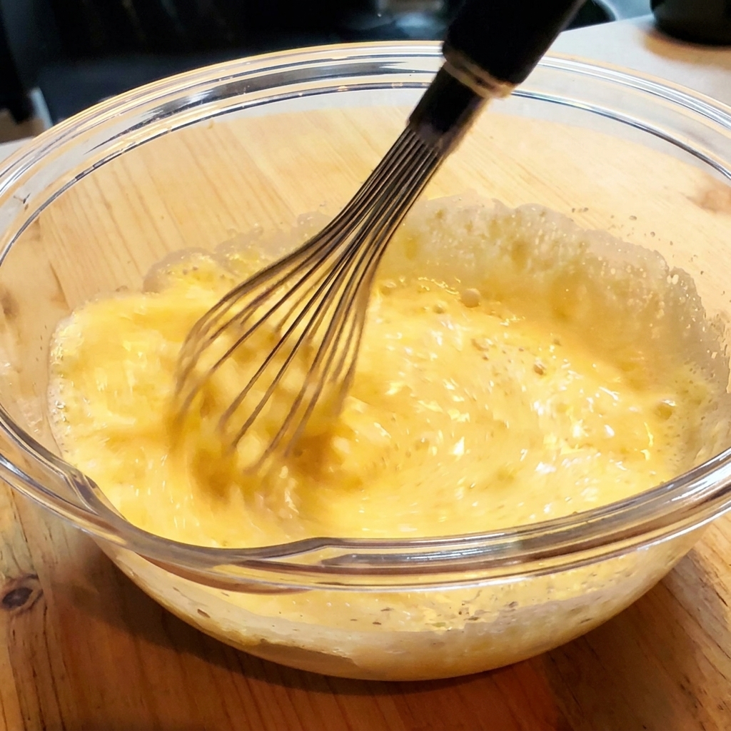 Tempura-Teig wird in einer Glasschüssel mit einem Schneebesen verrührt.