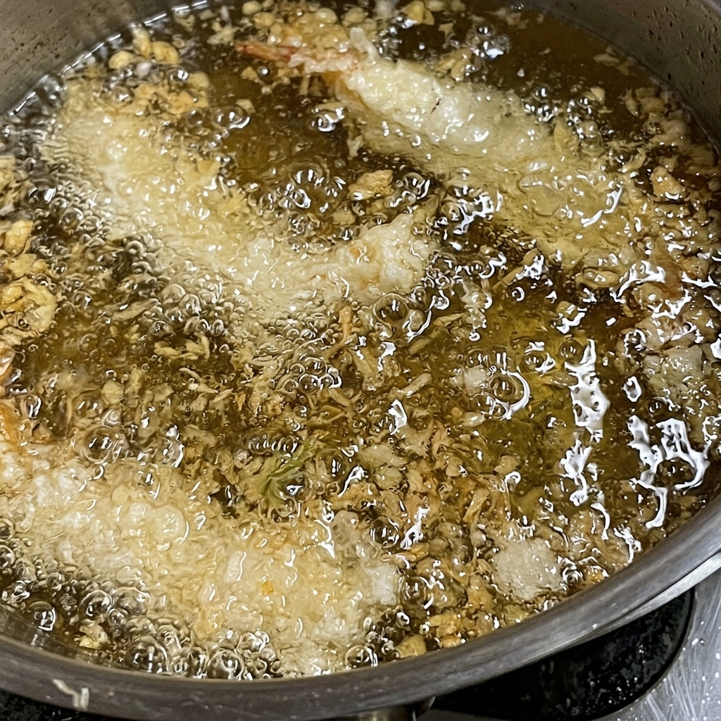 Panierte Garnelen frittieren in einem Topf mit heißem Öl, der Teig wirft Blasen.