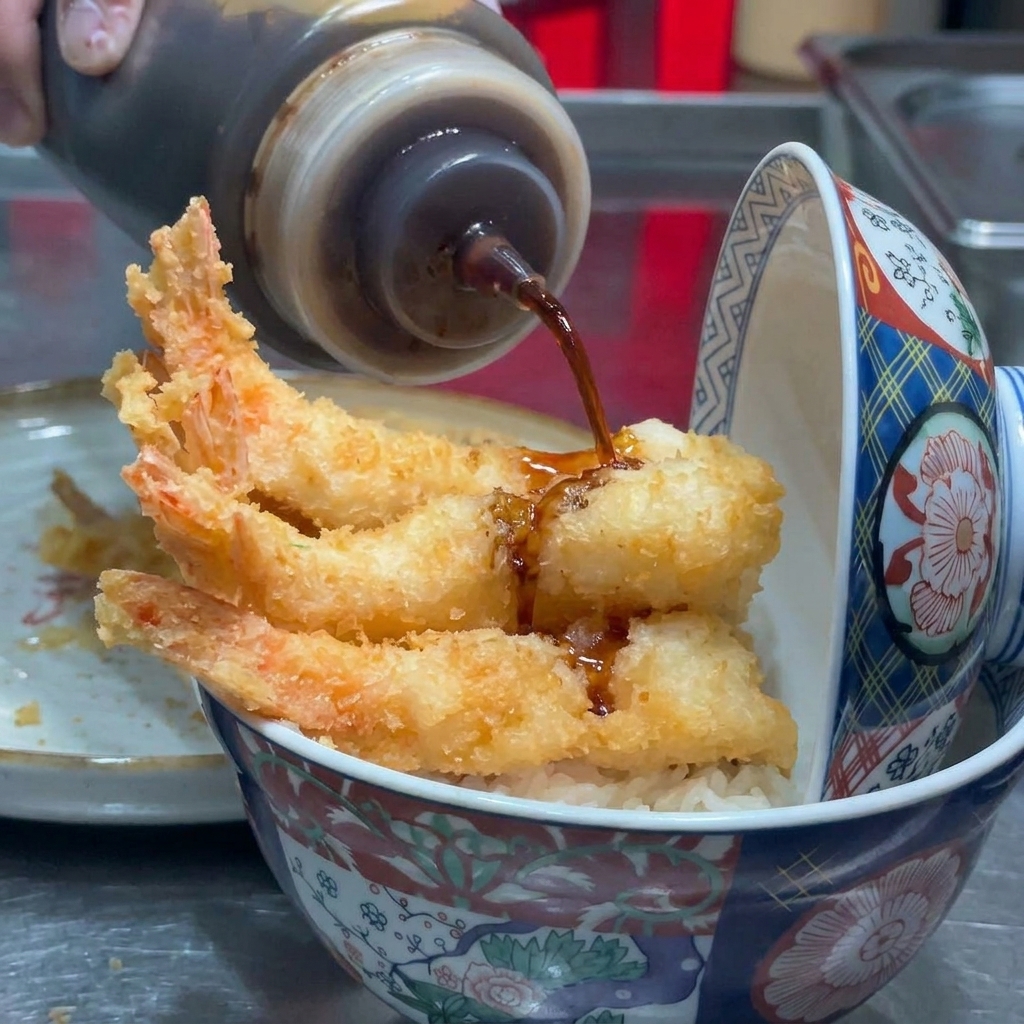 Nahaufnahme, wie dunkle Sauce aus einer Dosierflasche über die frittierten Garnelen auf dem Reis gegeben wird.