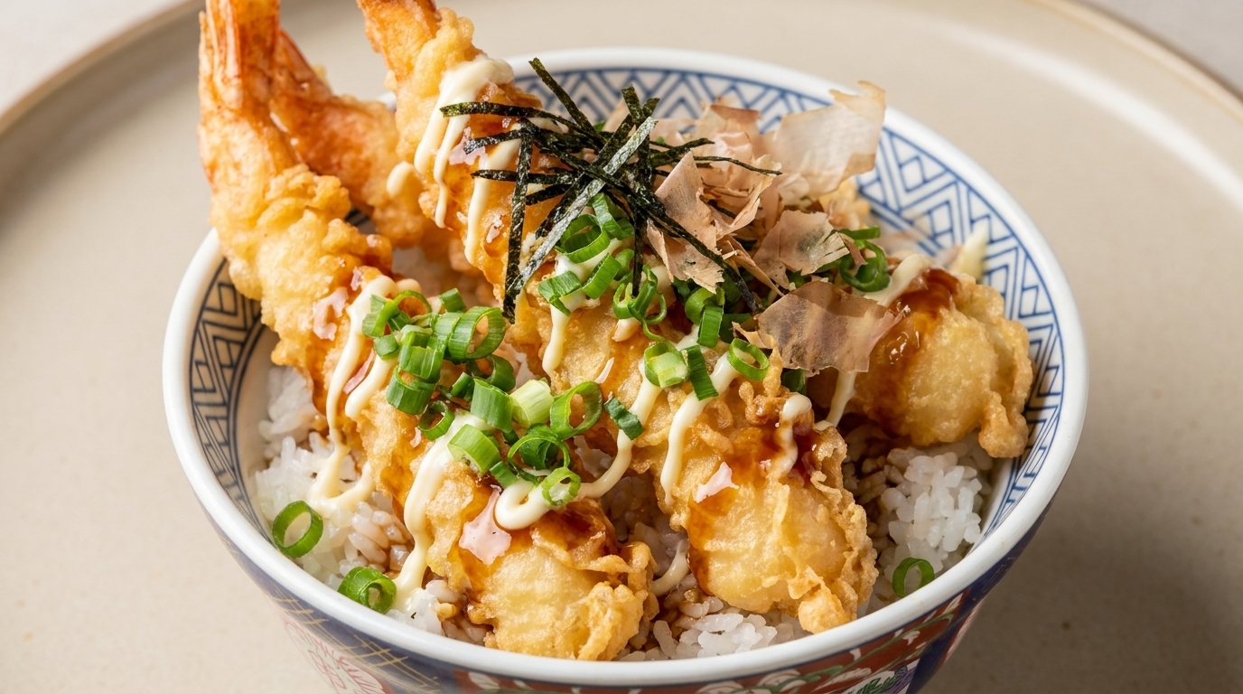 Knusprige Tempura-Garnelen-Reisschale (Tendon)