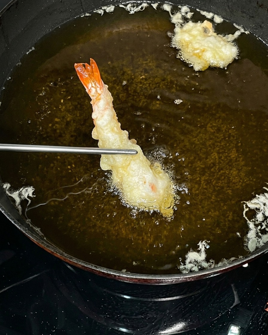 Eine Schüssel mit Tempura-Mehl und Eiswasser wird zu einem dickflüssigen, leicht klumpigen Teig verrührt.