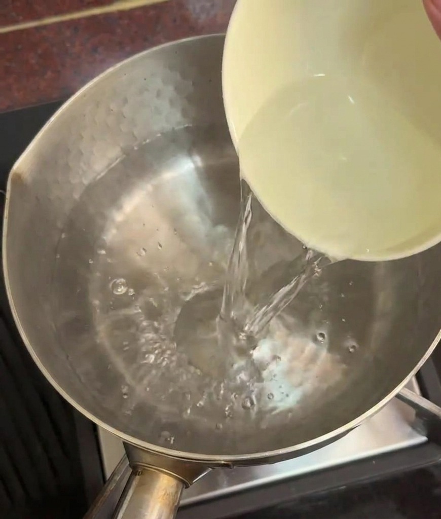 Eine Person gießt eine Keramikschüssel mit klarem Wasser in einen Edelstahltopf mit heißem Wasser auf dem Herd.