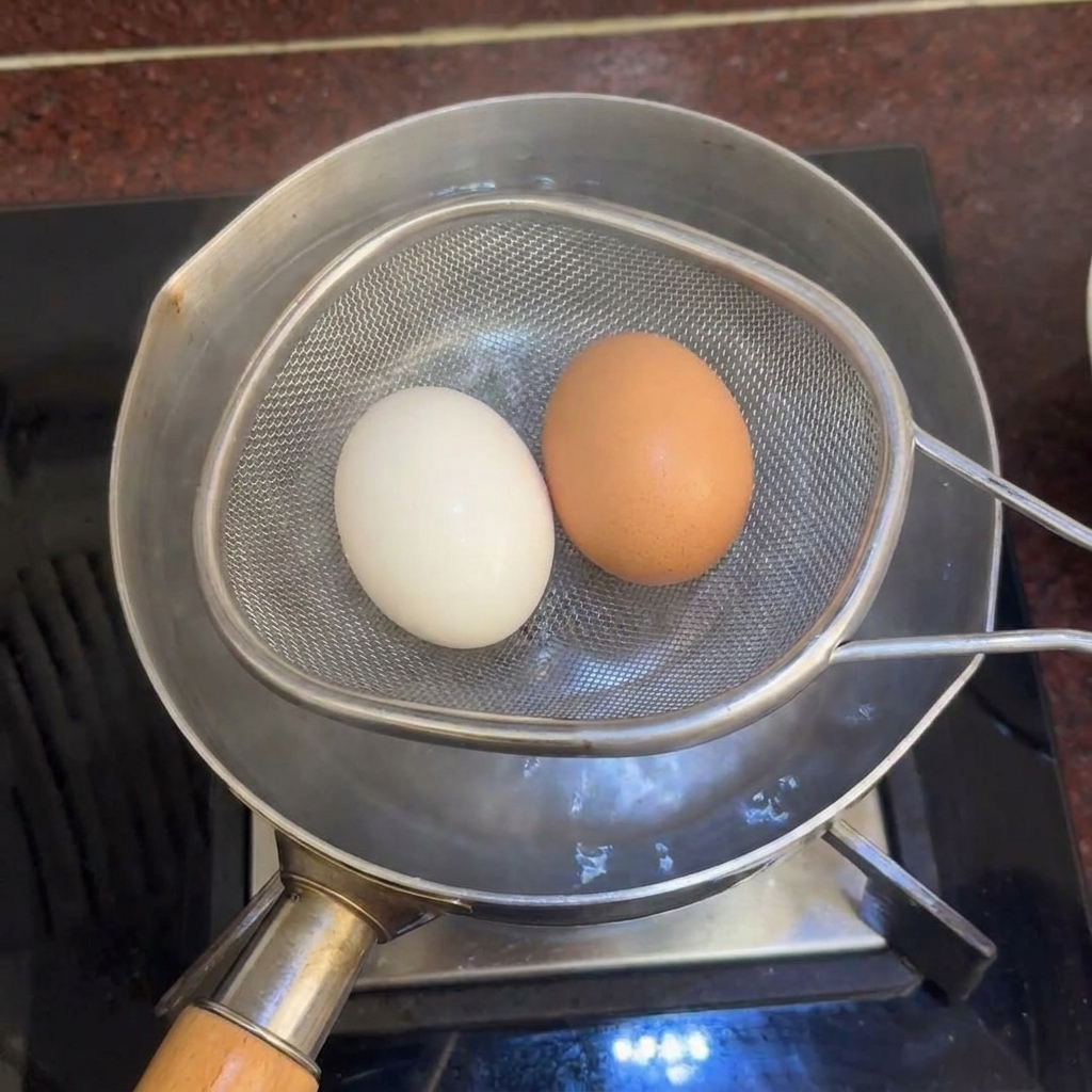 Ein Metallsieb hält zwei Eier über einen Topf mit Wasser auf einer Küchenarbeitsplatte.