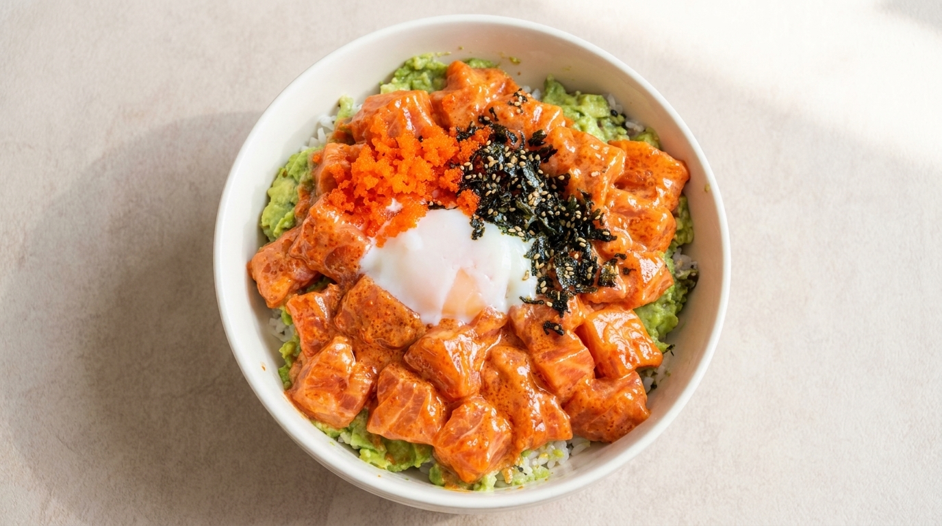 Scharfe Lachs-Avocado-Bowl mit Onsen-Ei