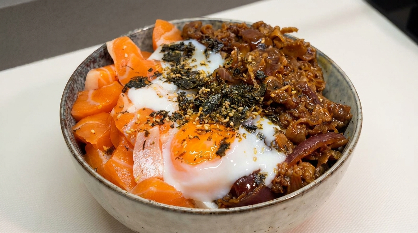 Donburi mit Lachs, Rindfleisch und Onsen-Ei