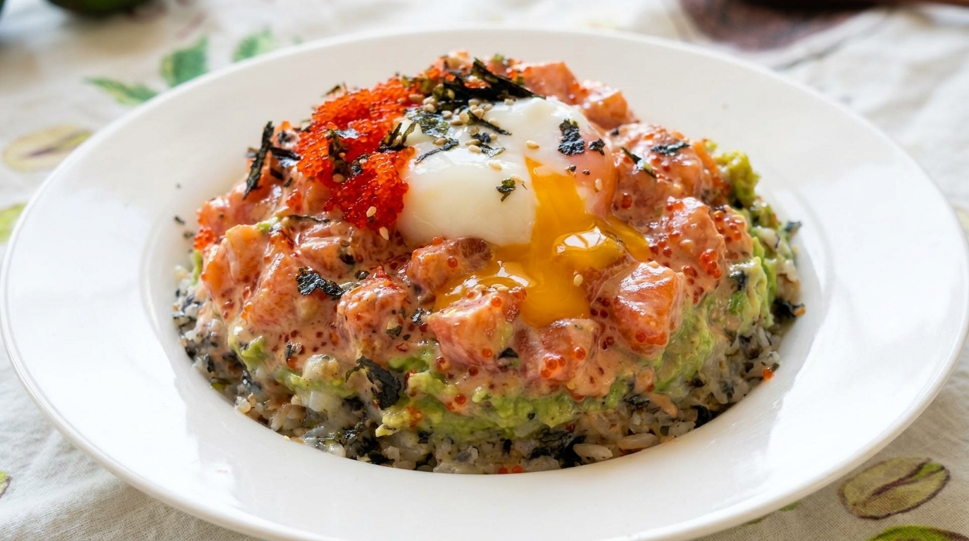 Cremige Lachs-Avocado-Poke-Bowl mit Onsen-Ei