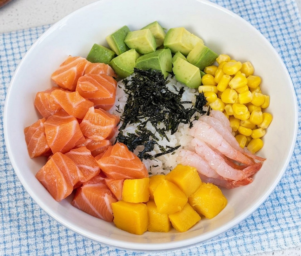 Feine Streifen aus schwarzem, getrocknetem Seetang liegen in der Mitte einer Poke-Bowl, die mit verschiedenen bunten Zutaten gefüllt ist.