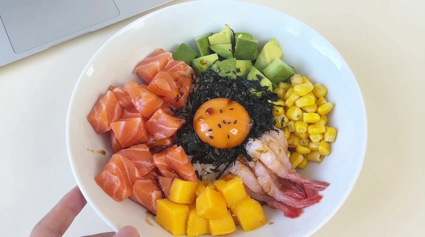 Lachs-Avocado-Poke-Bowl mit süßen Garnelen und Mango