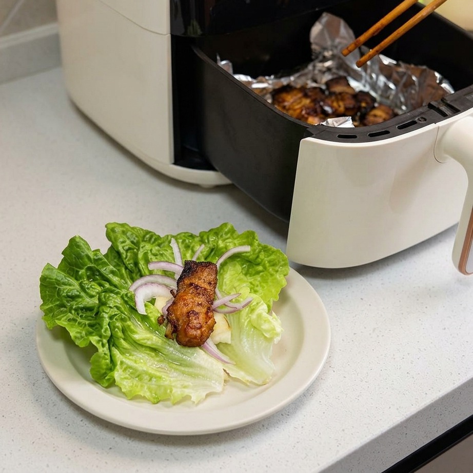 Ein Paar Holzessstäbchen legt ein Stück gebräunten, knusprigen Schweinebauch aus der Heißluftfritteuse auf ein frisches grünes Salatblatt, das mit Zwiebelscheiben garniert ist.
