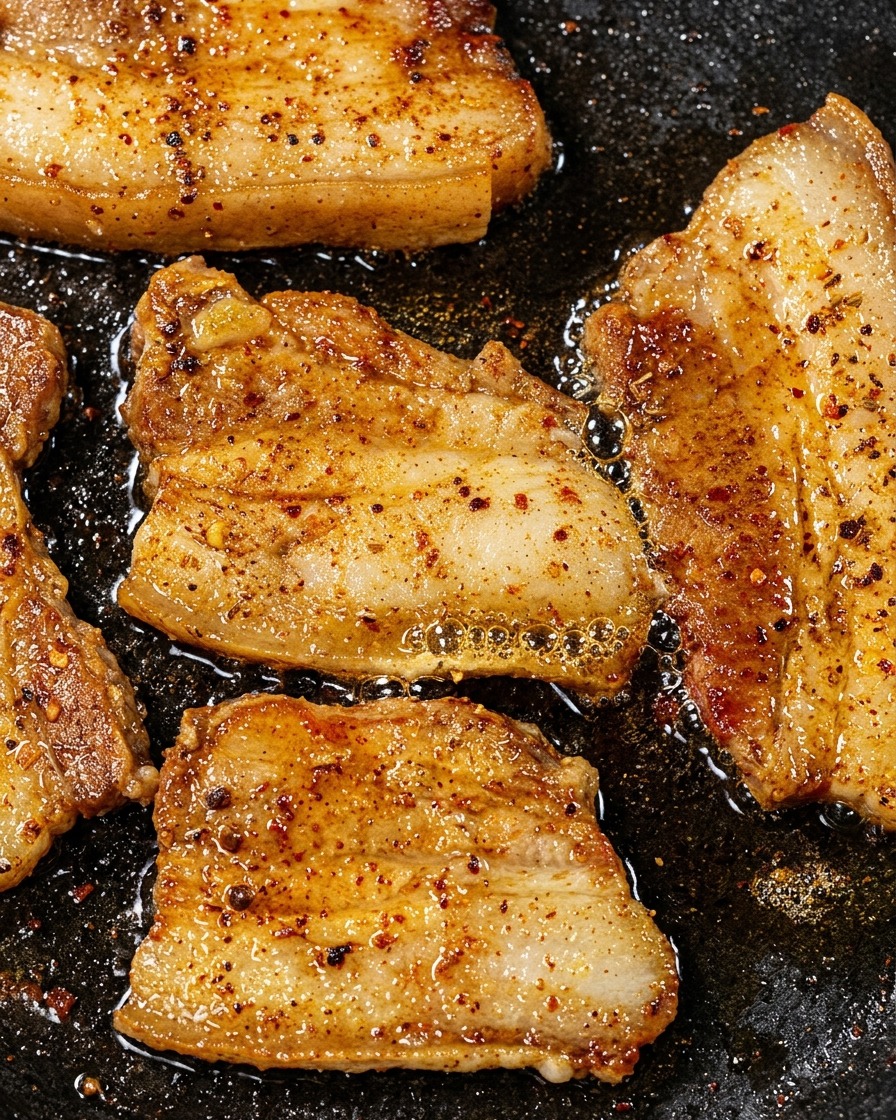 Nahaufnahme von dick geschnittenen Schweinebauchscheiben, die im eigenen Fett in einer dunklen Pfanne brutzeln, mit Röststoffen und knusprigen Rändern.