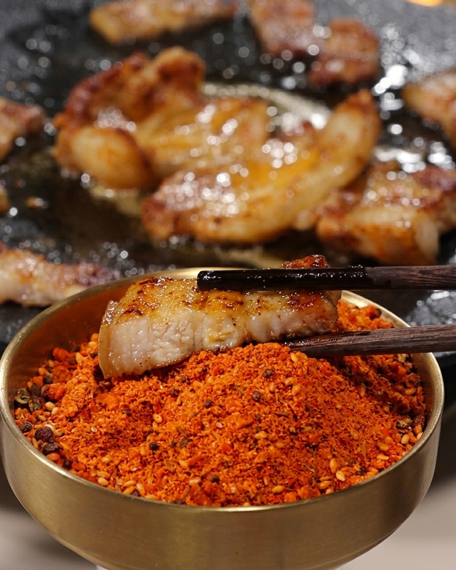 Eine knusprige Scheibe gegrillter Schweinebauch wird mit Stäbchen in eine Schale mit leuchtend rotem Gewürzpulver getunkt.
