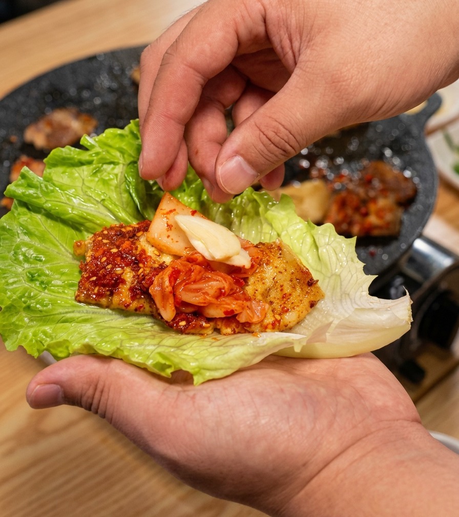 Eine Hand legt eine frische Knoblauchscheibe auf einen Salatwickel mit gegrilltem Schweinefleisch und Kimchi.