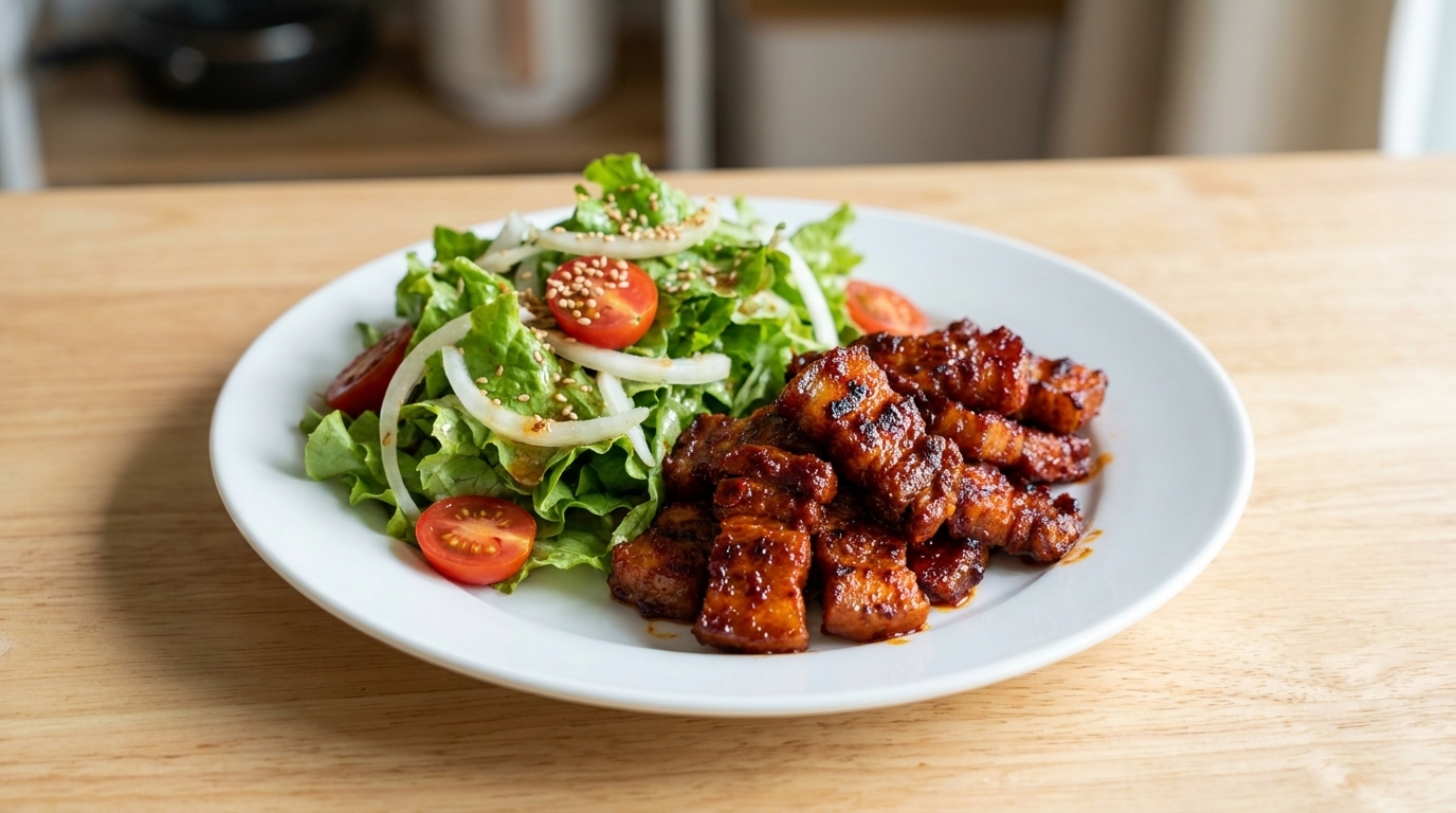 Scharfer koreanischer Schweinebauch mit Gochujang und frischem Zwiebelsalat