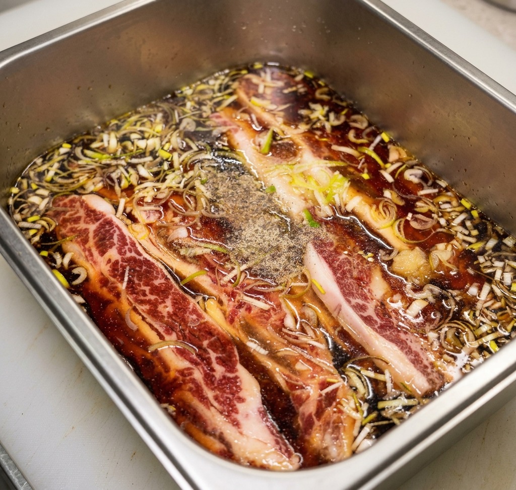 Eine Form mit Rinderquerrippen in Marinade, deren Oberfläche leicht mit feinem schwarzem Pfefferpulver bestreut ist.