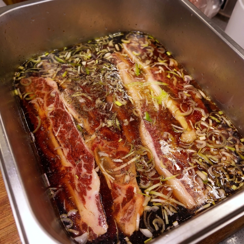 Querrippen in einer dunklen Marinade auf Sojabasis in einer Edelstahlform, mit sichtbaren Frühlingszwiebeln und etwas Pfeffer auf der Oberfläche.